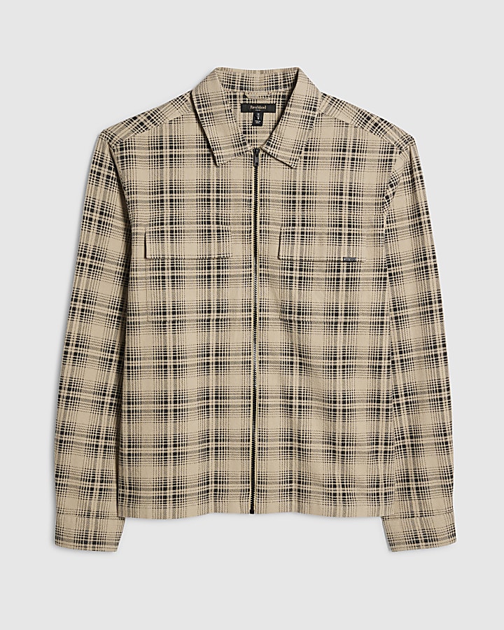 Beige Regular Fit Zip Through Check Overshirt