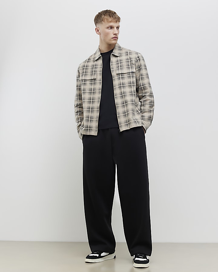 Beige Regular Fit Zip Through Check Overshirt