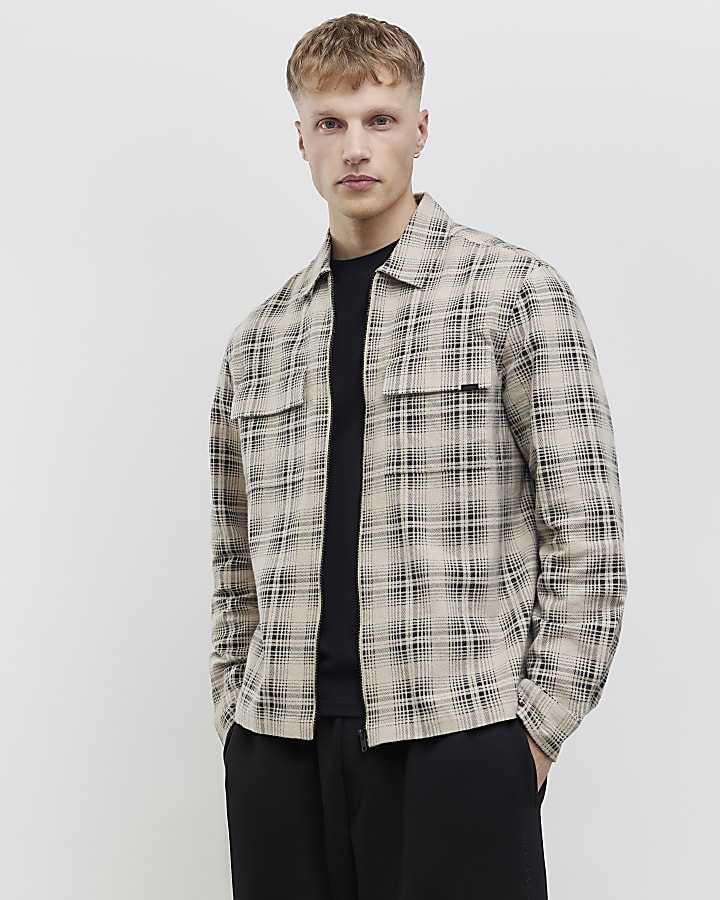 Beige Regular Fit Zip Through Check Overshirt