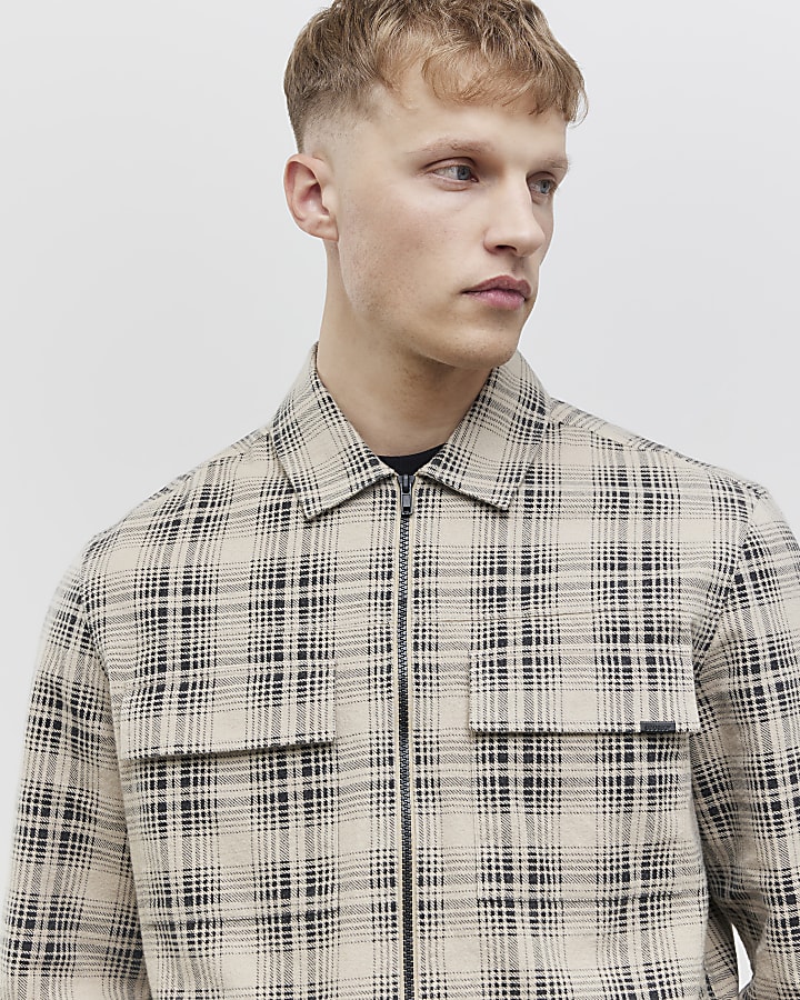 Beige Regular Fit Zip Through Check Overshirt