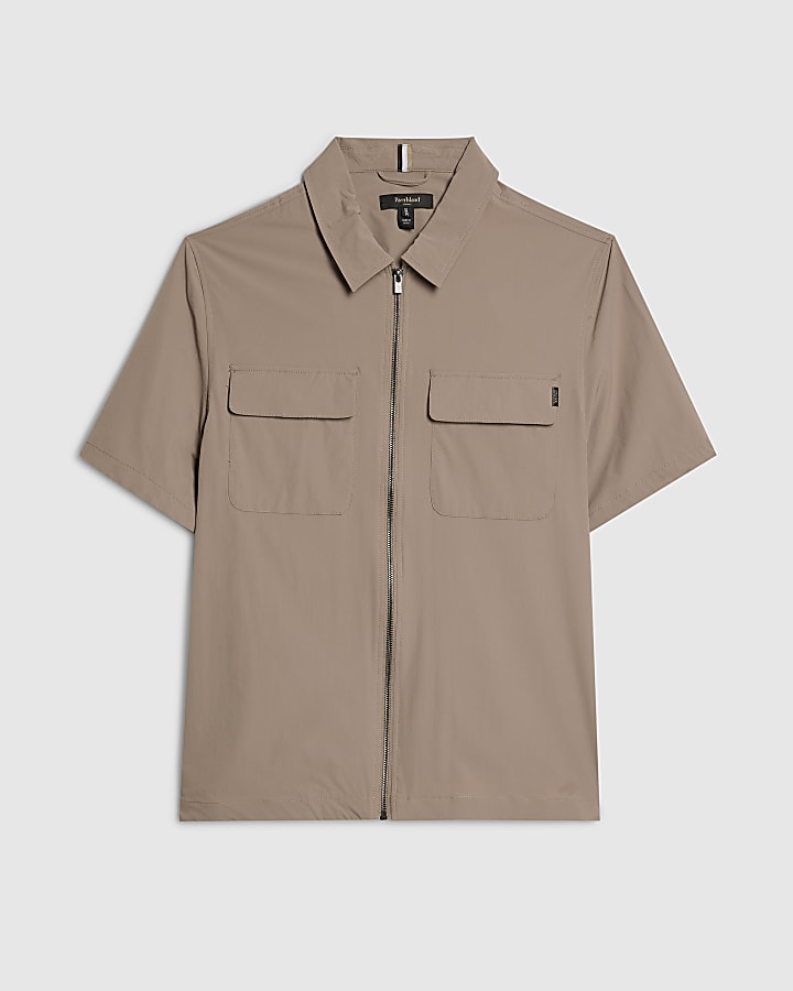 Beige Muscle Fit Zip Shirt