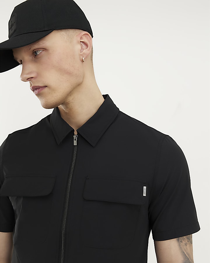 Black Muscle Fit Zip Shirt