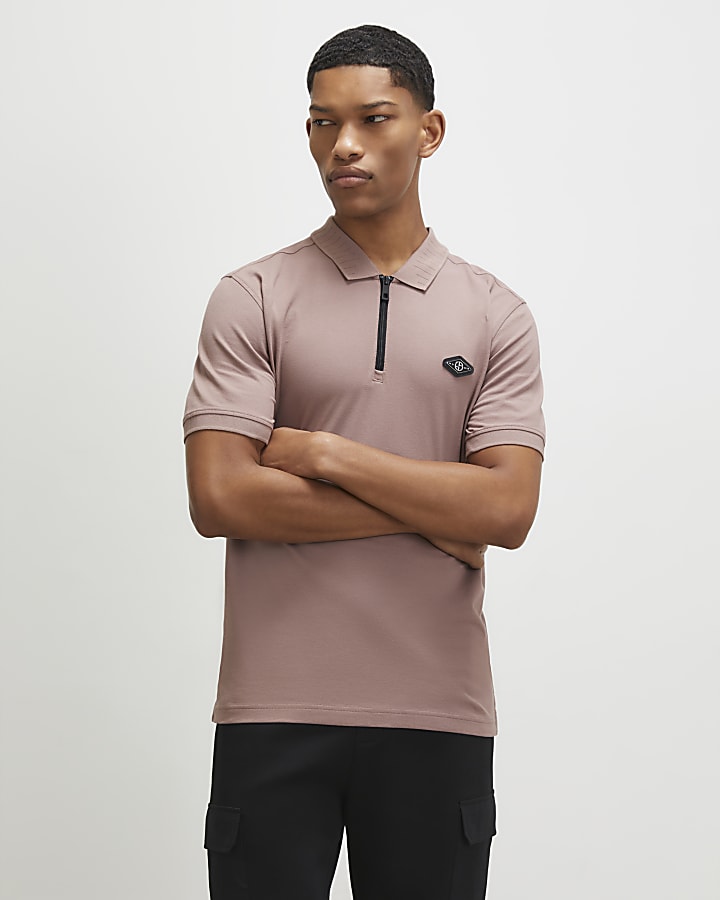 Pink Slim Fit Pique Badge Polo Shirt