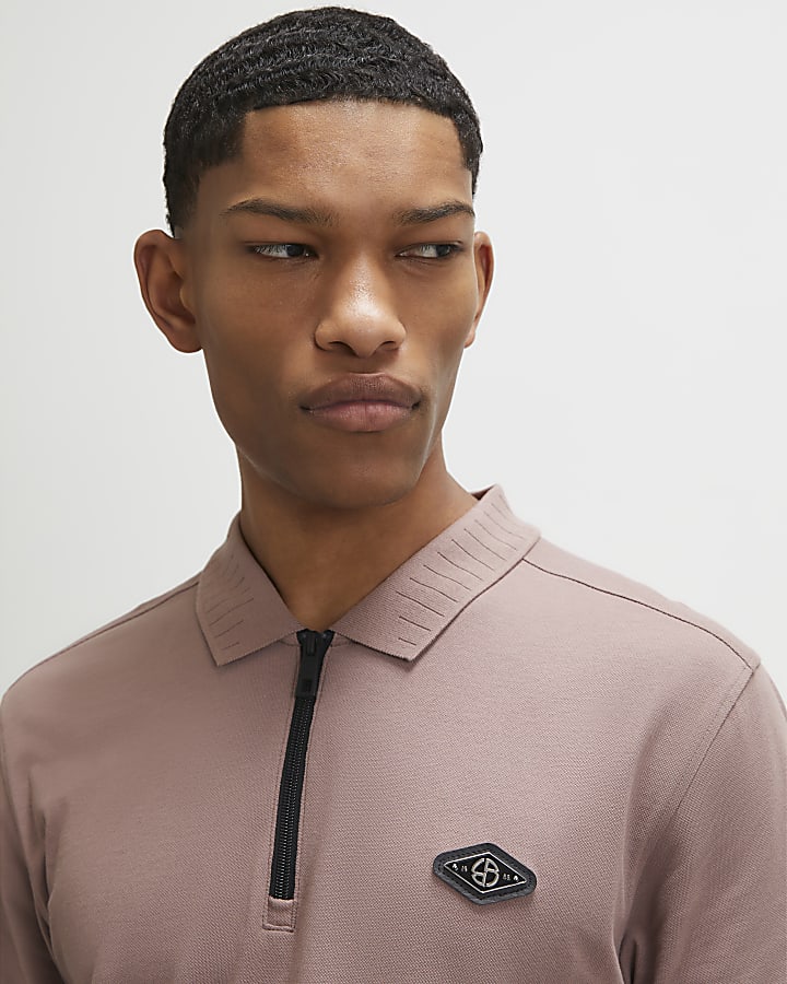 Pink Slim Fit Pique Badge Polo Shirt