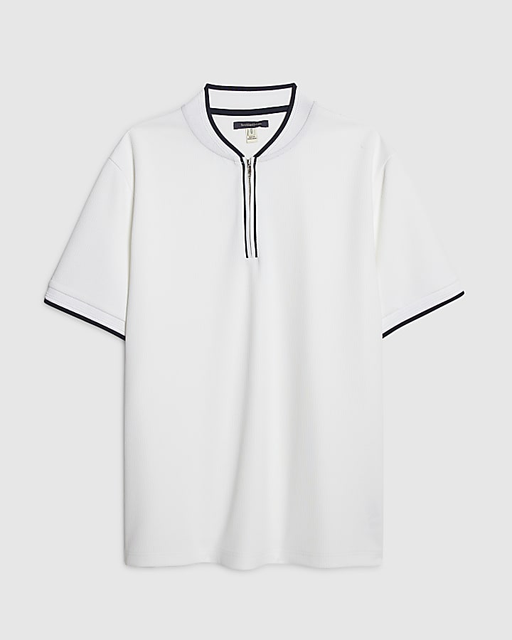 White Slim Fit Tipped Baseball Polo Shirt