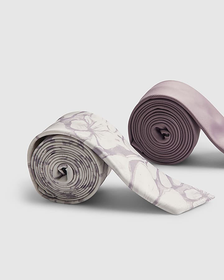 Purple Floral and Plain Skinny Tie Set