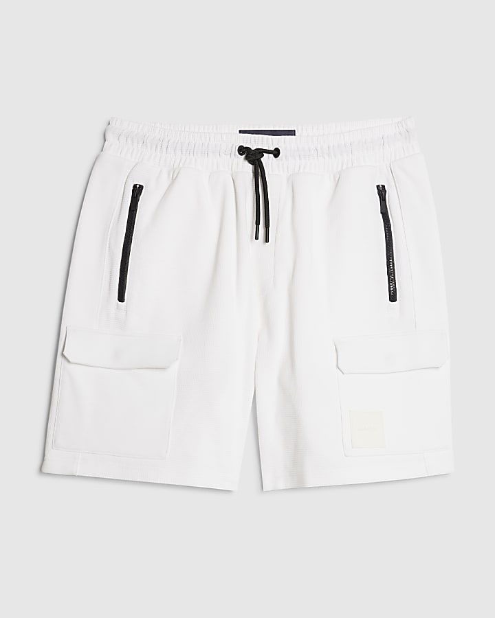 White Regular Fit Textured Cargo Shorts
