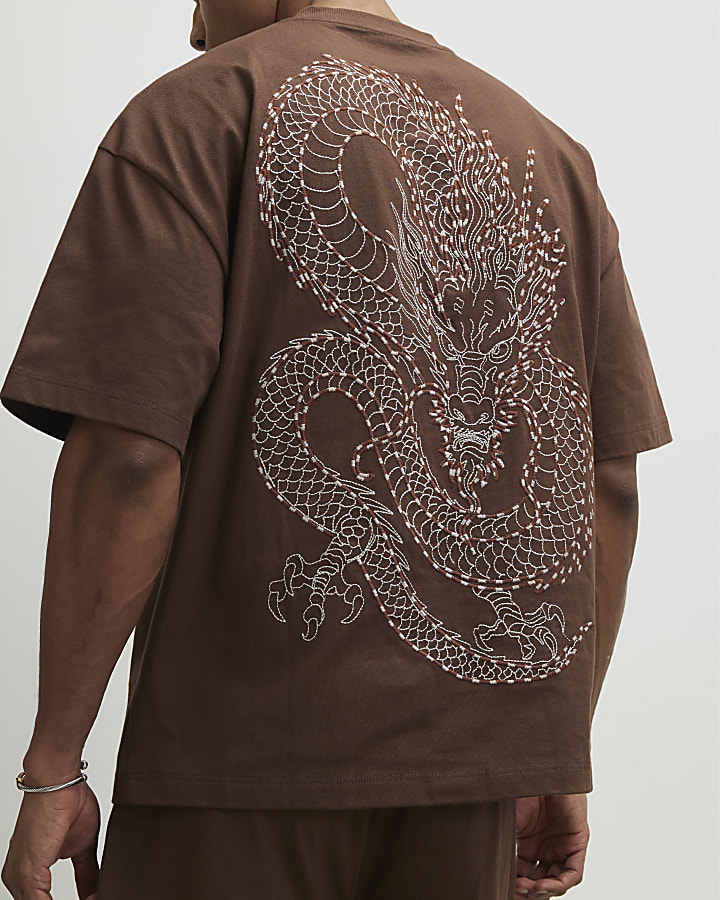 Brown Oversized Fit Tokyo Dragon T-Shirt