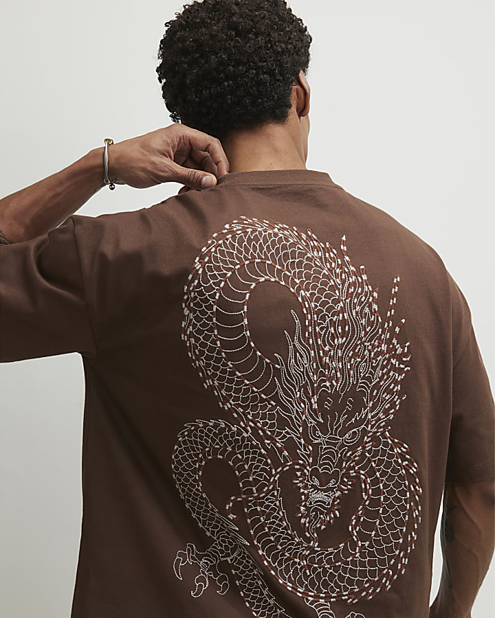 Brown Oversized Fit Tokyo Dragon T-Shirt