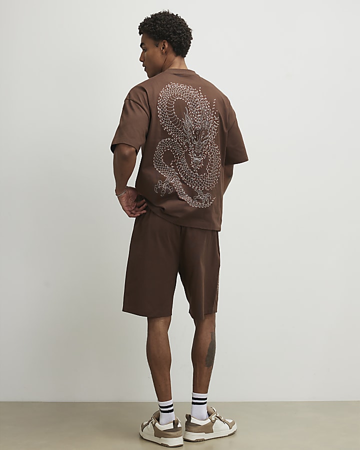 Brown Regular Fit Embroidered Dragon Shorts