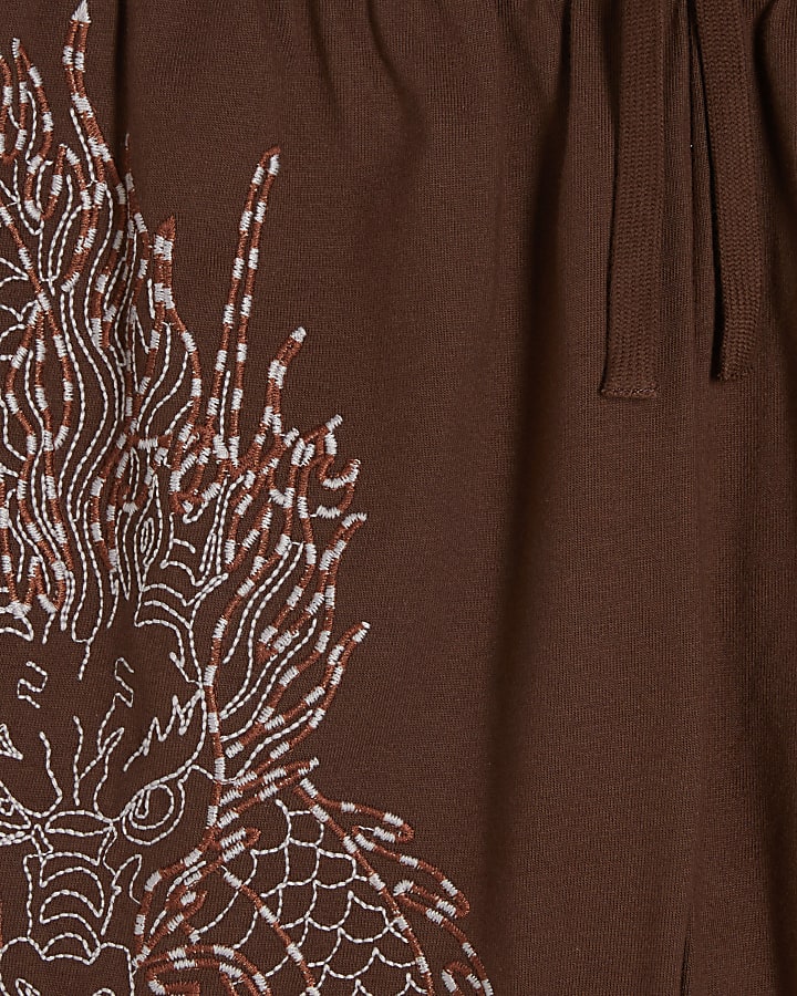 Brown Regular Fit Embroidered Dragon Shorts