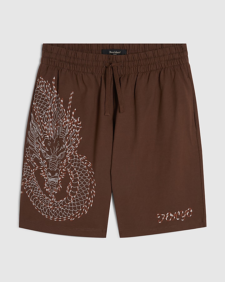Brown Regular Fit Embroidered Dragon Shorts