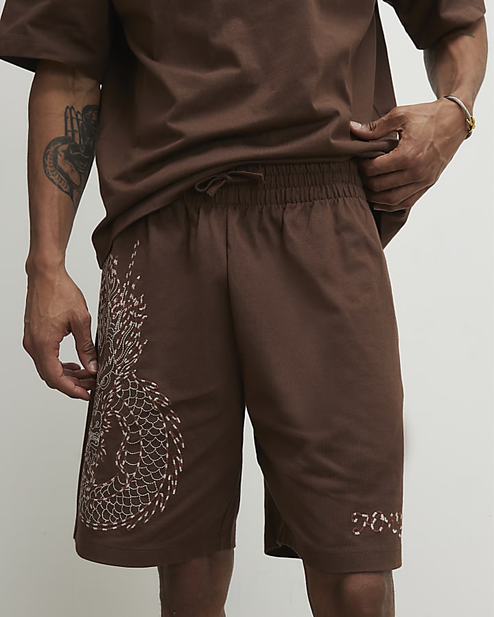 Brown Regular Fit Embroidered Dragon Shorts