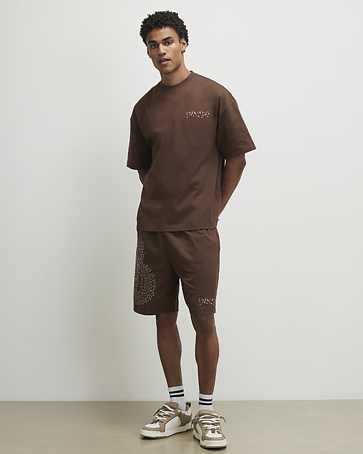 Brown Regular Fit Embroidered Dragon Shorts
