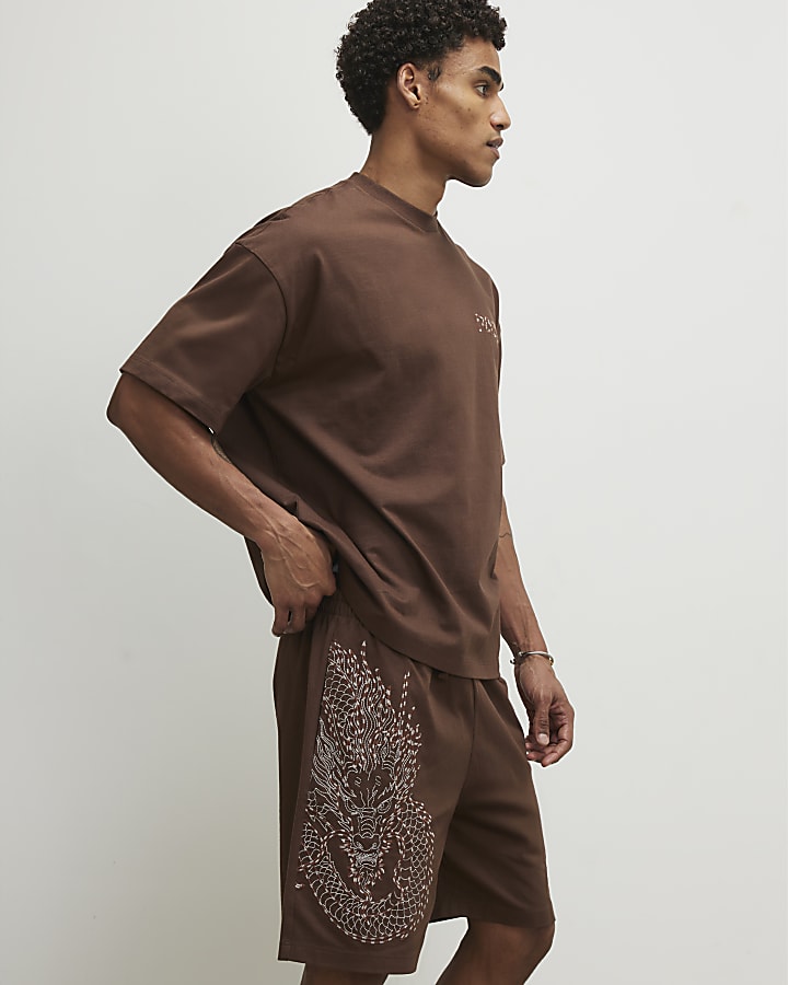Brown Regular Fit Embroidered Dragon Shorts