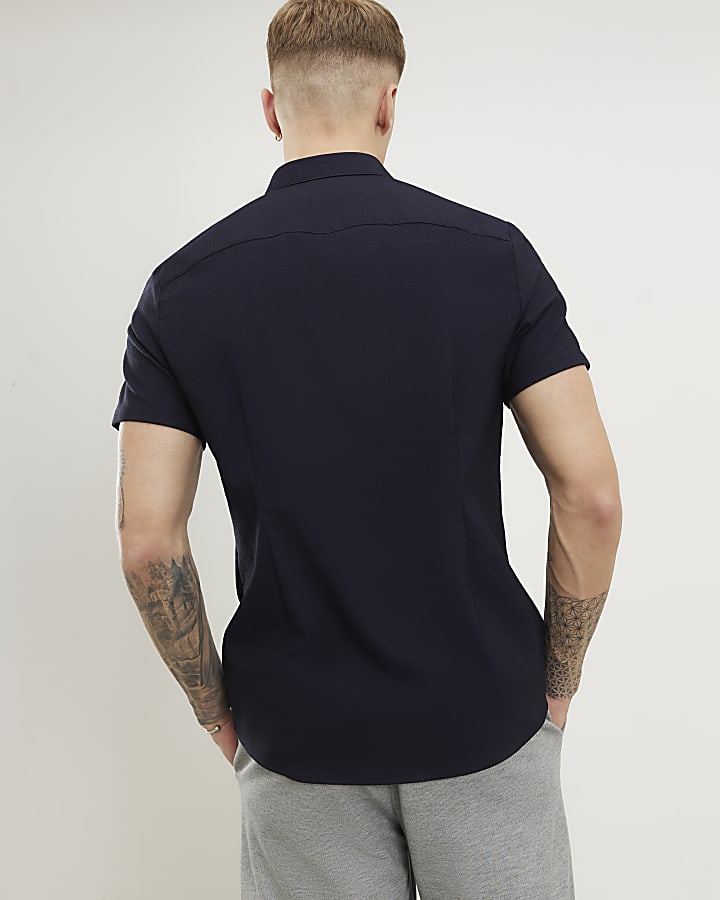 Navy Muscle Fit Textured Shirt