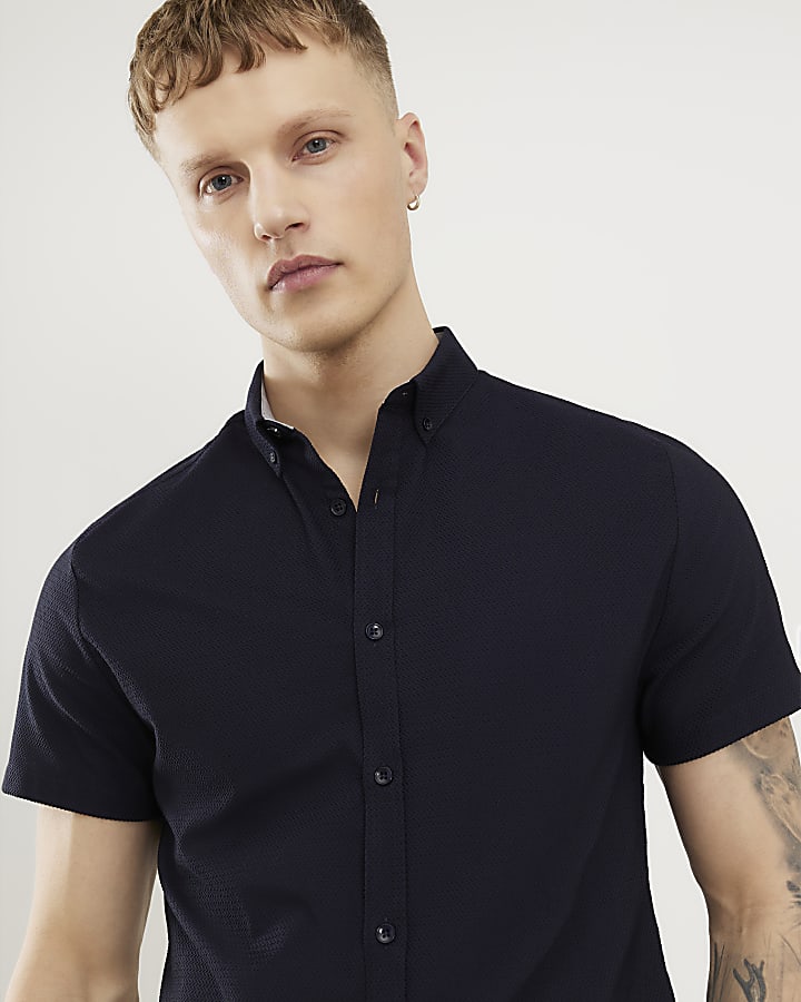 Navy Muscle Fit Textured Shirt