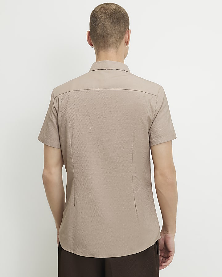 Beige Muscle Fit Textured Shirt