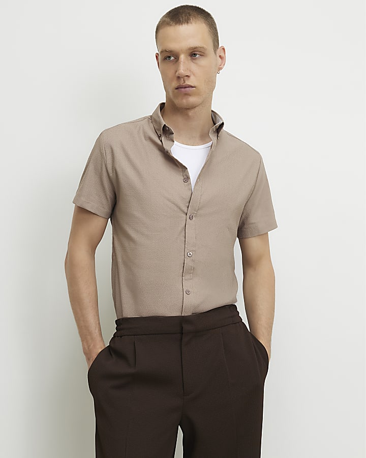 Beige Muscle Fit Textured Shirt