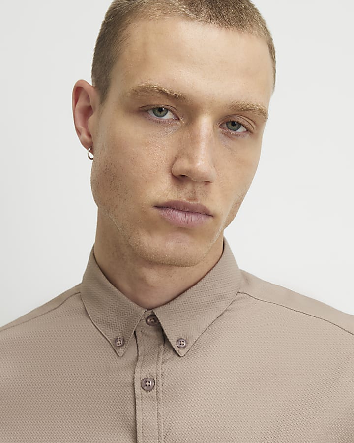 Beige Muscle Fit Textured Shirt