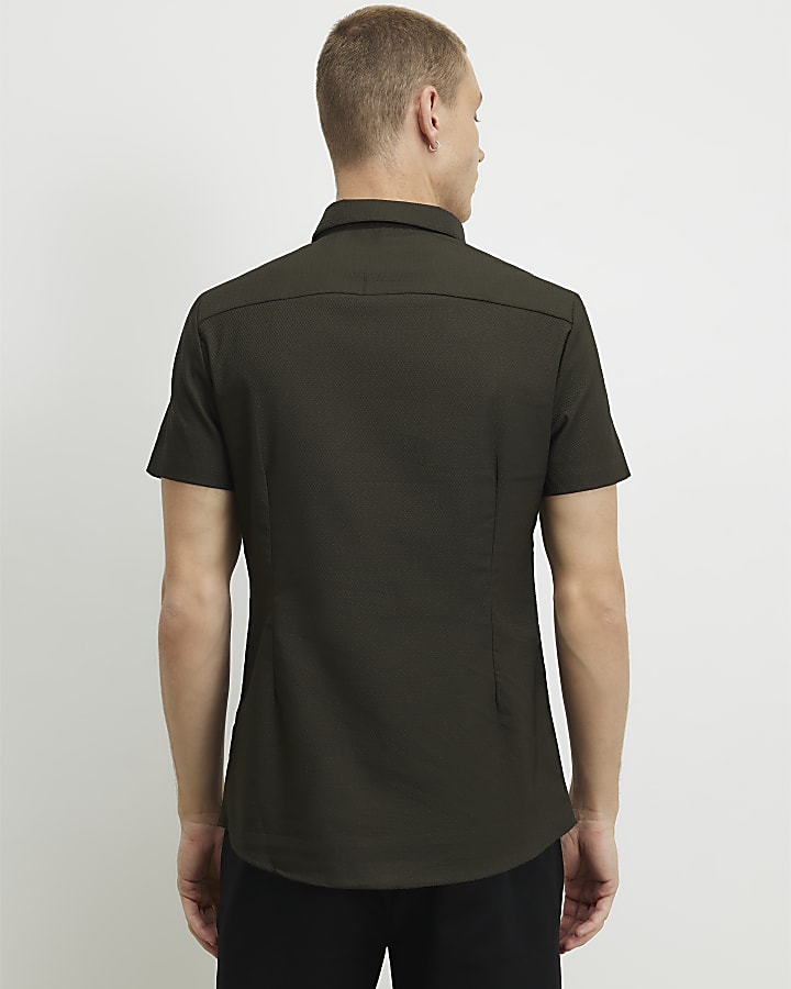 Khaki Muscle Fit Textured Shirt