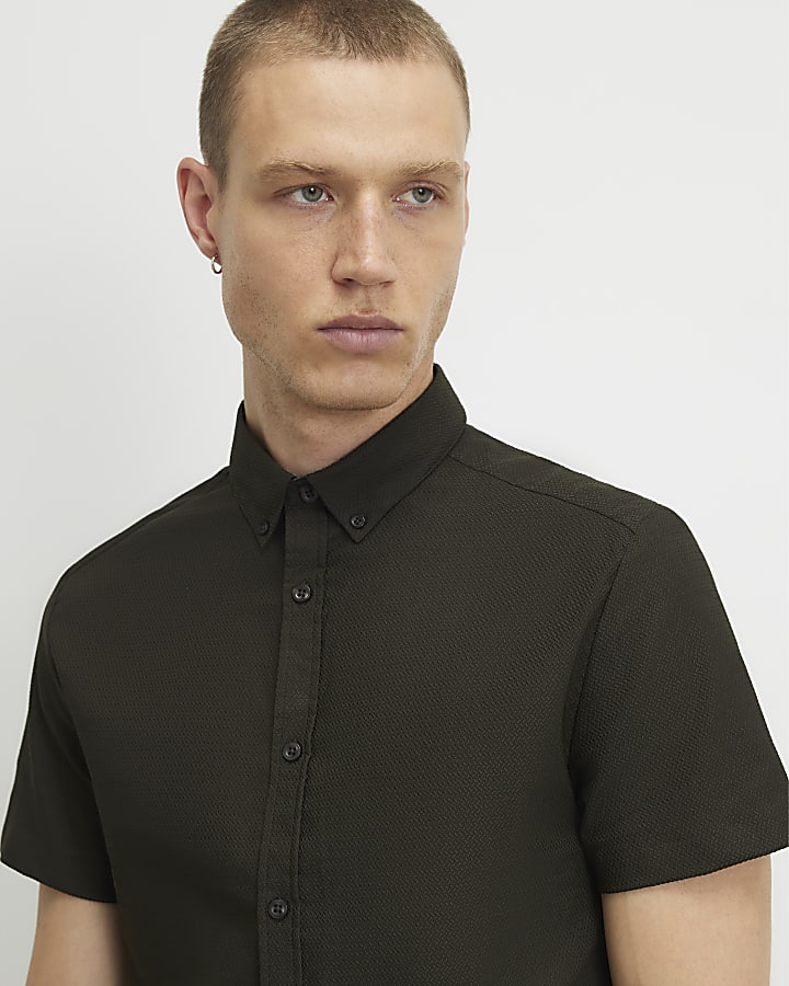 Khaki Muscle Fit Textured Shirt