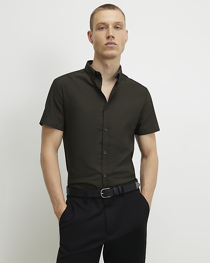 Khaki Muscle Fit Textured Shirt