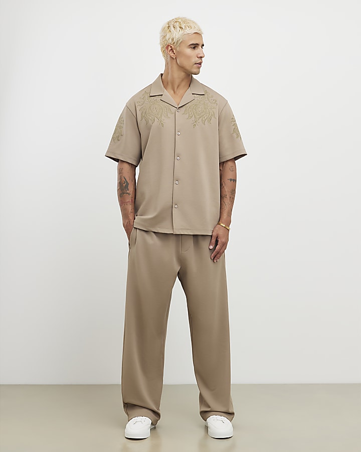 Khaki Wide Leg Twill Joggers