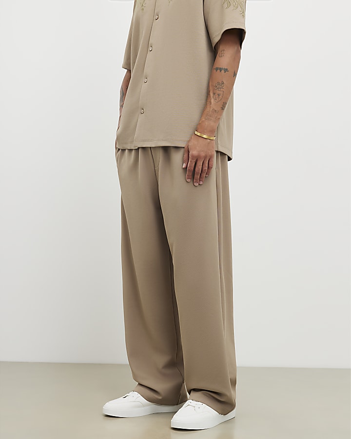 Khaki Wide Leg Twill Joggers