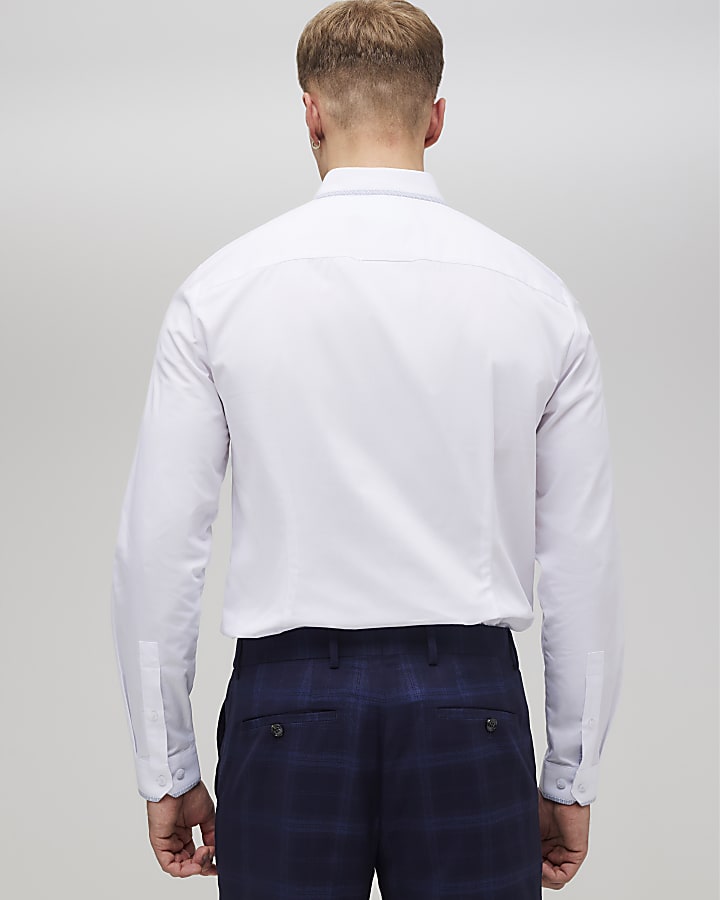 White Slim Fit Check Trim Shirt