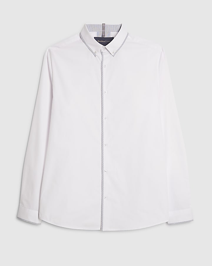 White Slim Fit Check Trim Shirt