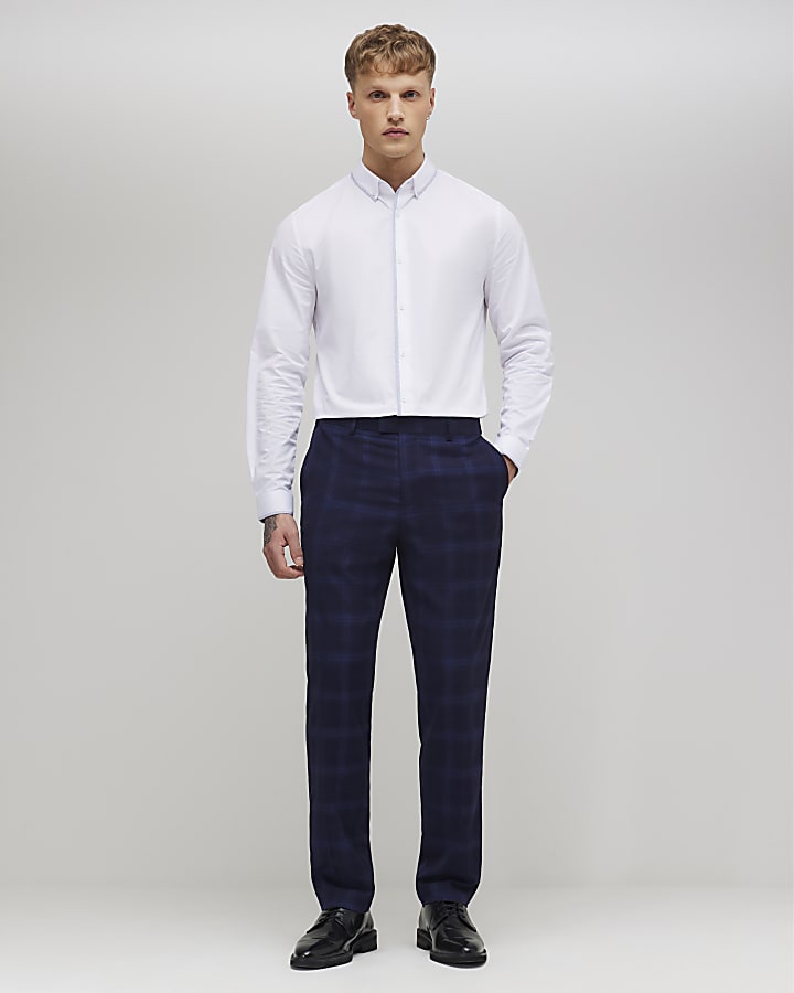 White Slim Fit Check Trim Shirt