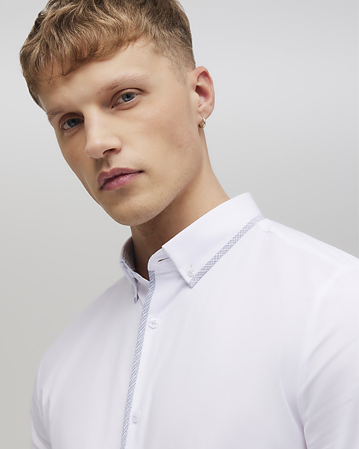White Slim Fit Check Trim Shirt