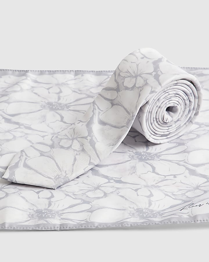 Grey Floral Tie And Handkerchief Set