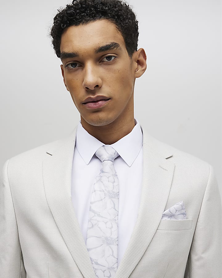 Grey Floral Tie And Handkerchief Set