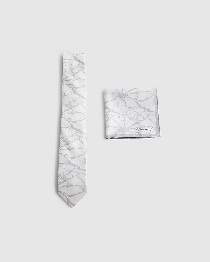 Grey Floral Tie And Handkerchief Set