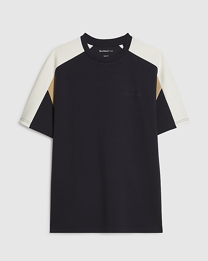 Navy Slim Fit Shoulder Colour Block T-Shirt
