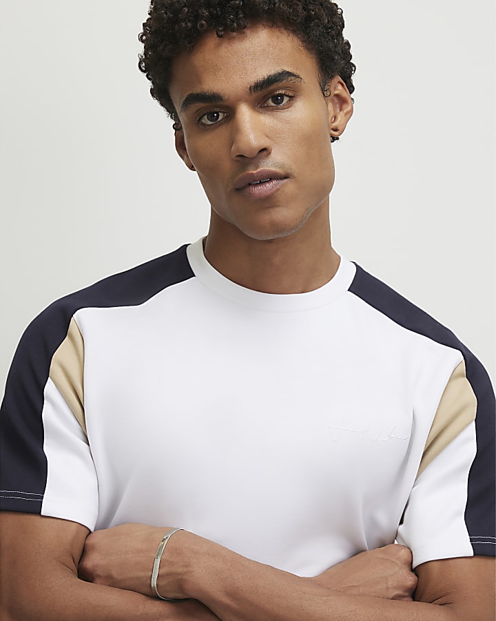 White Slim Fit Shoulder Colour Block T-Shirt
