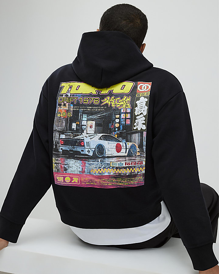 Black Oversized Fit Tokyo Drift Hoodie