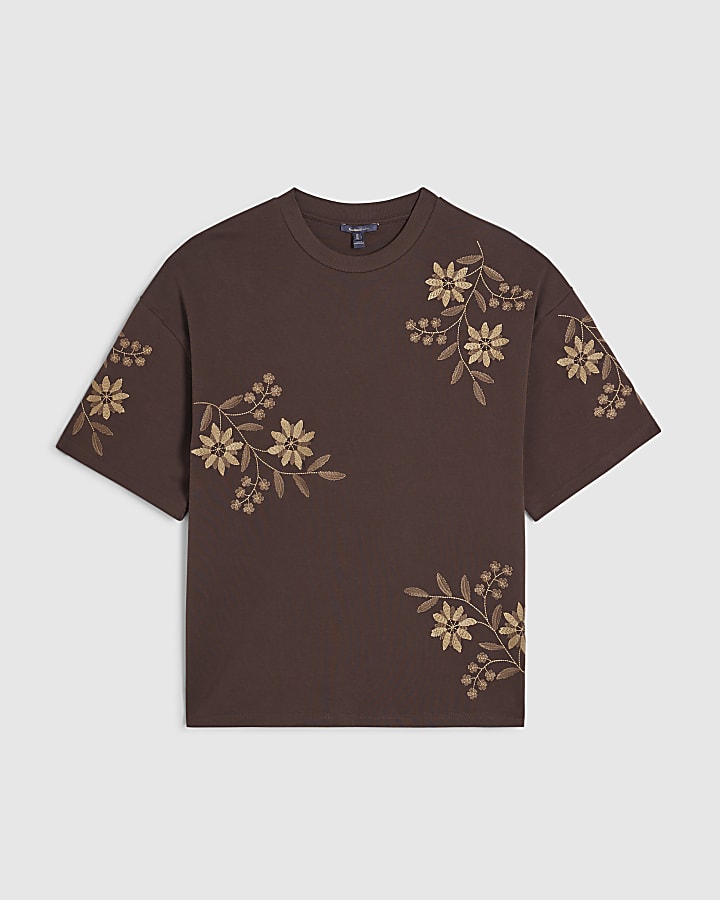 Brown Oversized Fit Floral T-Shirt