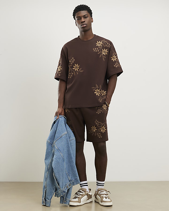 Brown Oversized Fit Floral T-Shirt