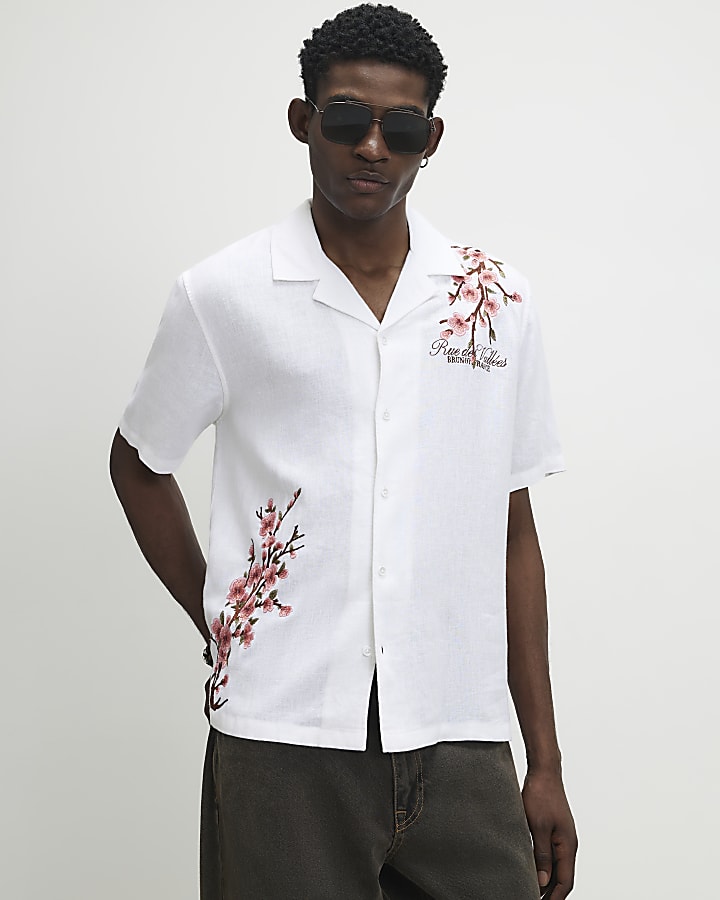 White Cherry Blossom Linen Look Shirt
