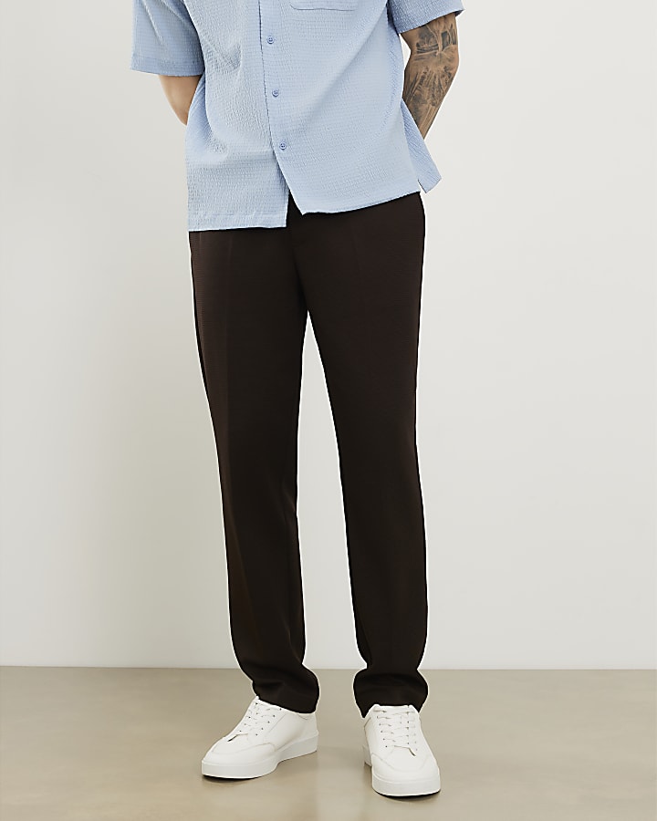 Brown Slim Fit Textured Trousers