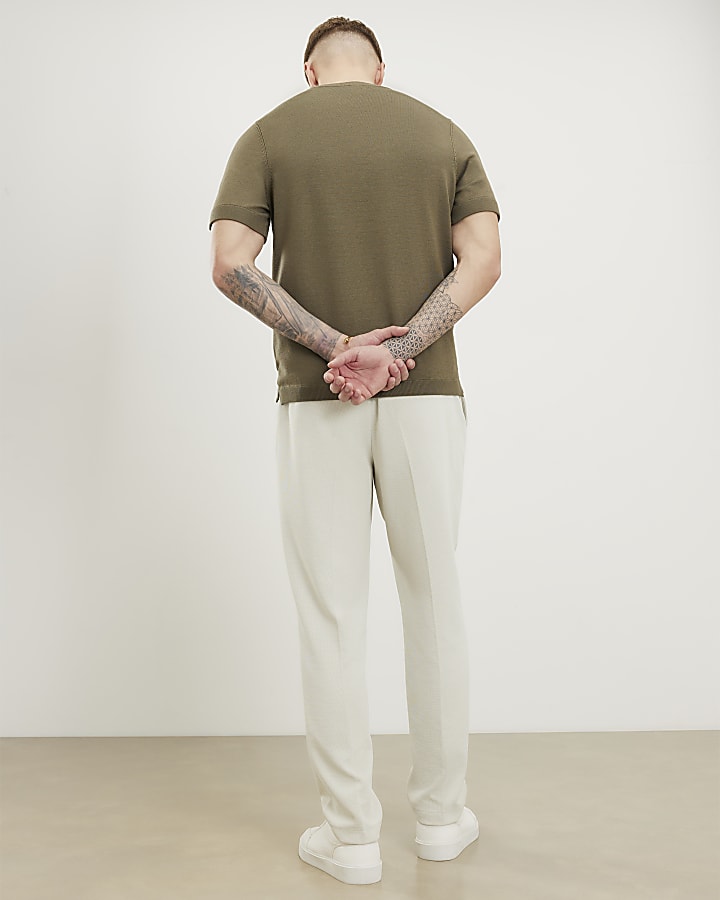 Cream Slim Fit Textured Trousers