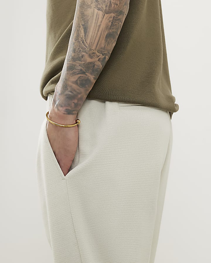 Cream Slim Fit Textured Trousers