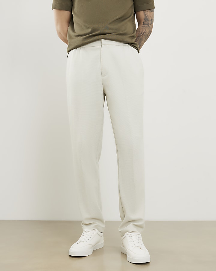 Cream Slim Fit Textured Trousers