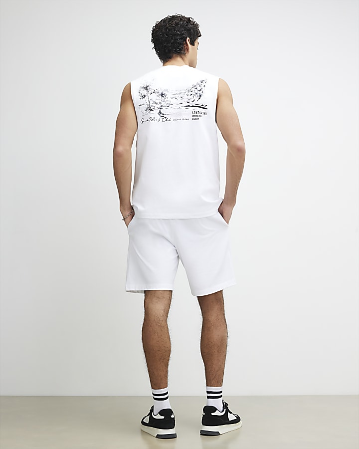 White Landscape Tank Top And Shorts Set