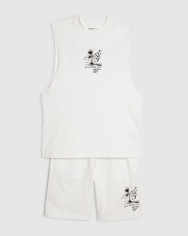 White Landscape Tank Top And Shorts Set