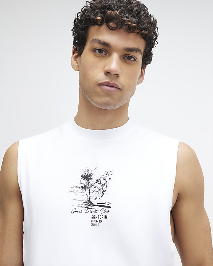 White Landscape Tank Top And Shorts Set