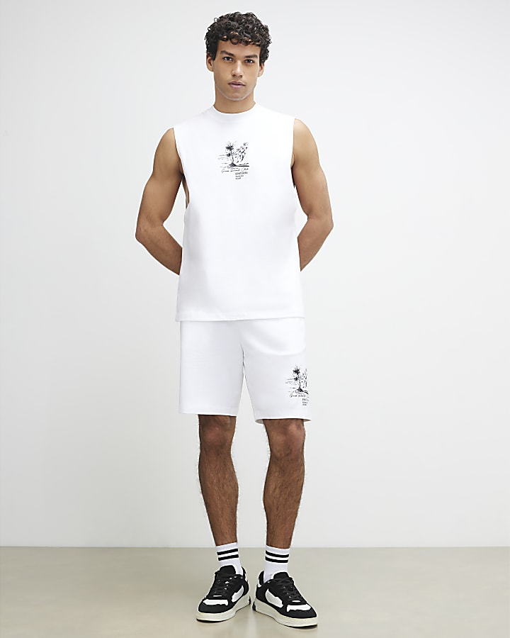 White Landscape Tank Top And Shorts Set